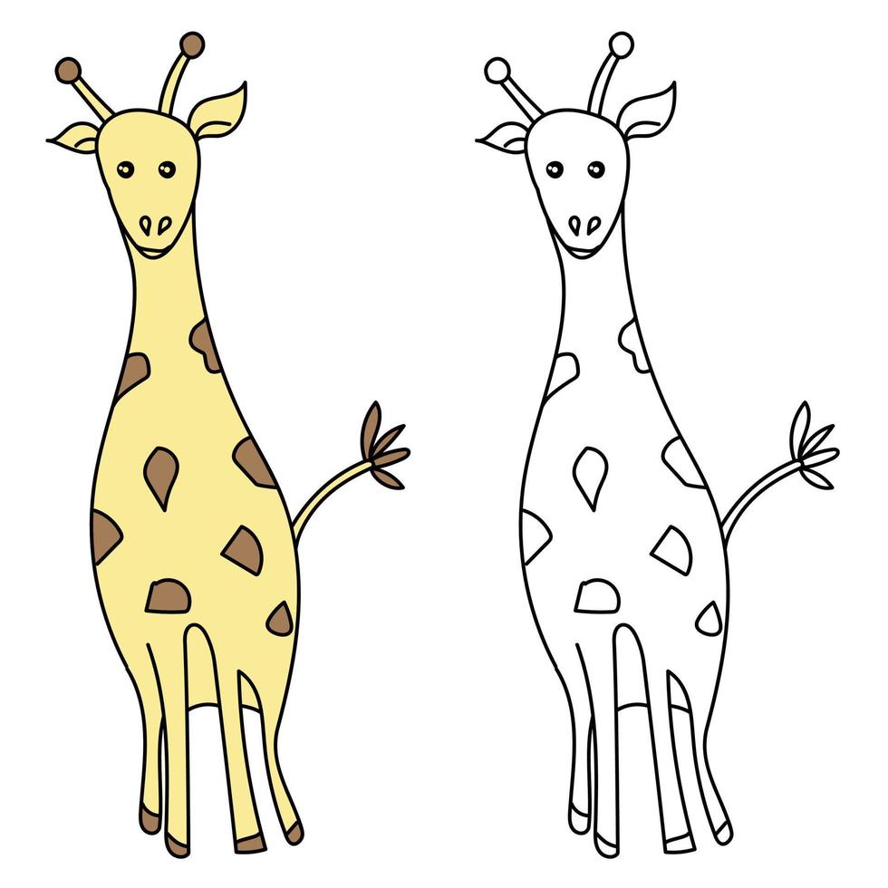 Cute giraffe coloring page with an example of color distribution, page for creativity with children about wild animals, stylized image of an exotic animal vector