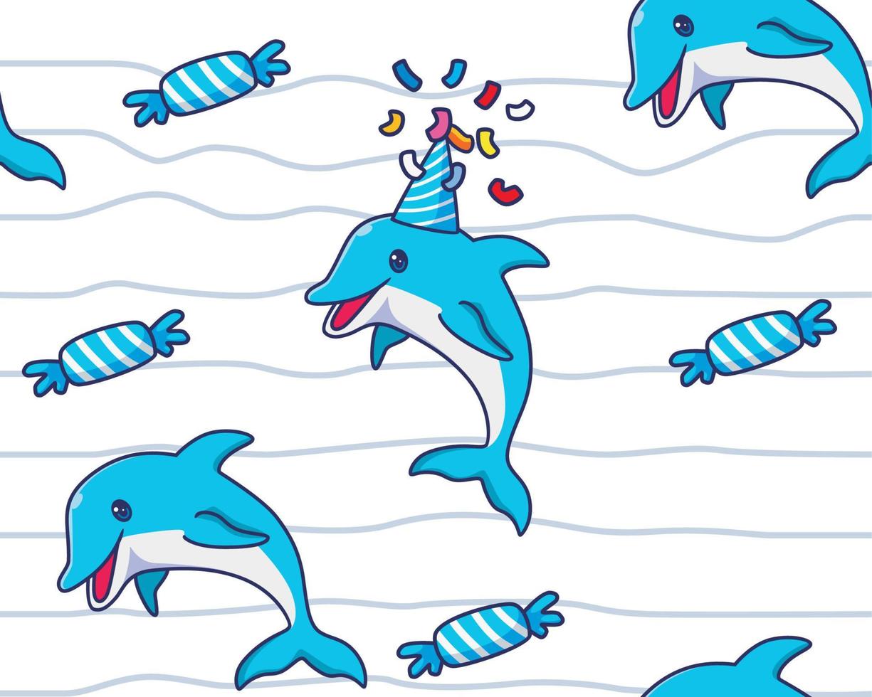 fondo de ilustración de cumpleaños de delfines de patrones sin fisuras vector