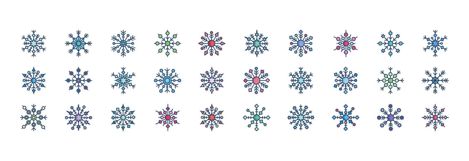Collection of icons related to Snowflakes, including icons like cold, snow, winter and more. vector illustrations, Pixel Perfect set