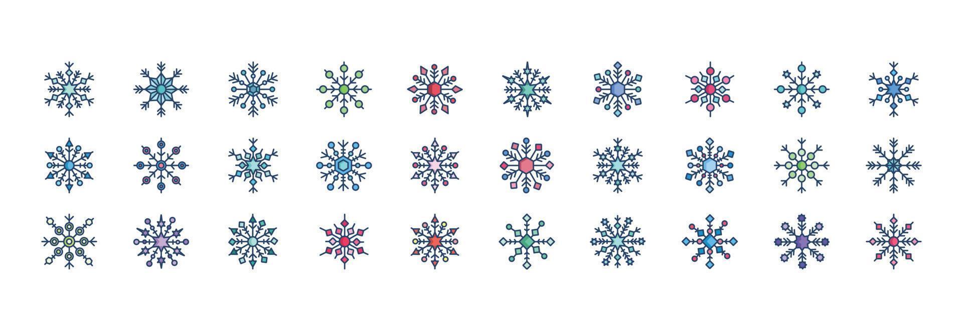 Collection of icons related to Snowflakes, including icons like cold, snow, winter and more. vector illustrations, Pixel Perfect set