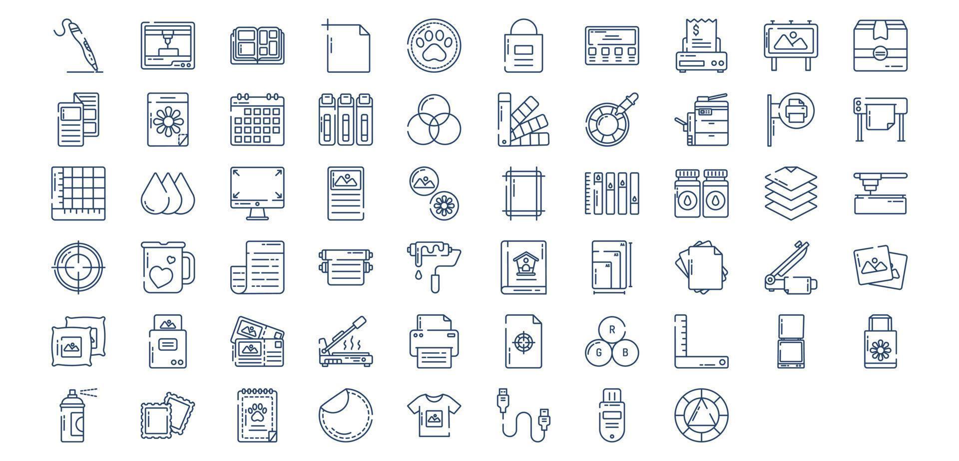 Collection of icons related to Printing and binding, including icons like Art board, 3d Printer, Badges, Banner and more. vector illustrations, Pixel Perfect set