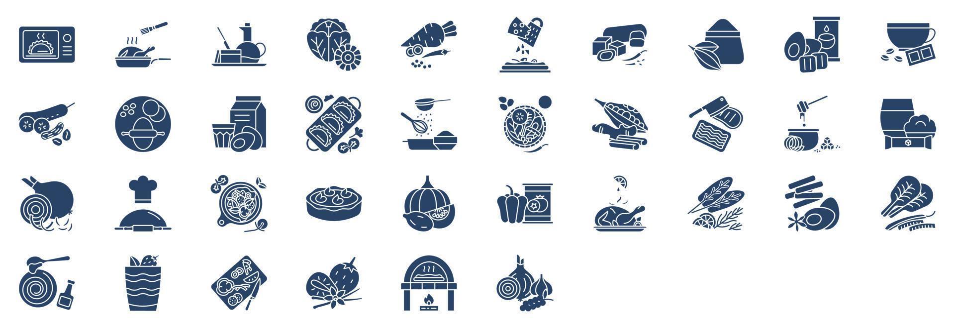 colección de íconos relacionados con recetas e ingredientes, incluidos íconos como hornear, café, pastel de calabaza, pizza y más. ilustraciones vectoriales, conjunto perfecto de píxeles vector