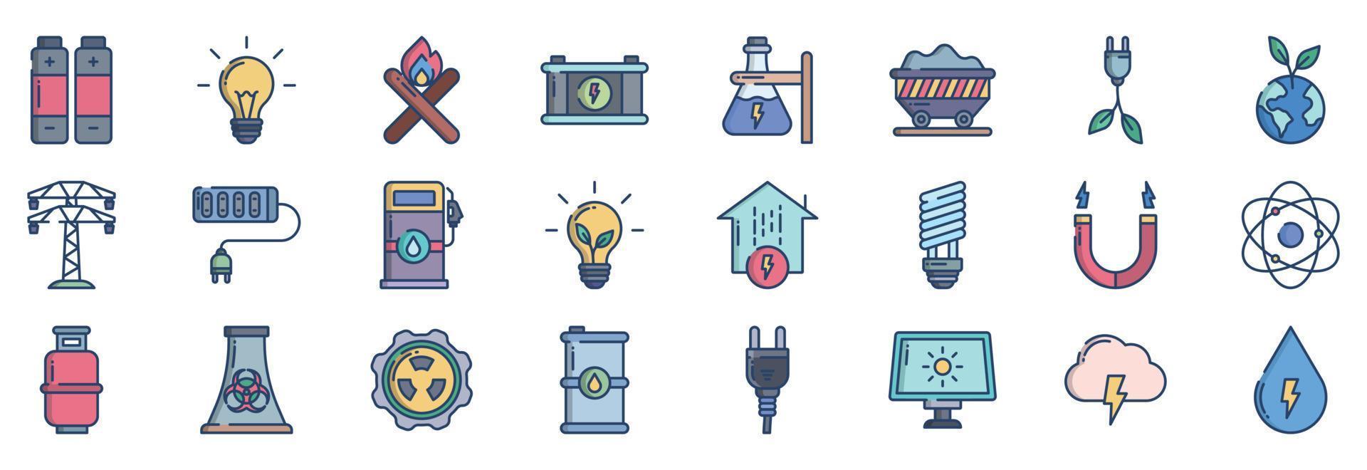 Collection of icons related to Power and Energy, including icons like Battery, Bulb, electric power, Ecology and more. vector illustrations, Pixel Perfect set