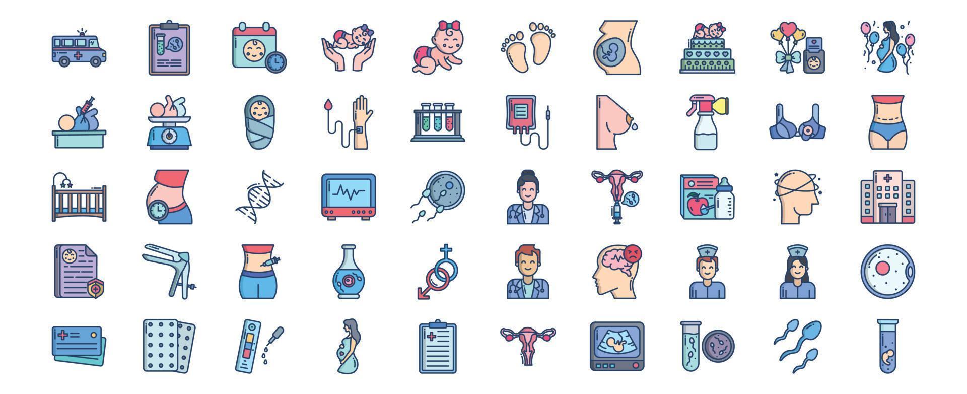 colección de íconos relacionados con el embarazo y la maternidad, incluidos íconos como madre, bebé, baby shower, médico y más. ilustraciones vectoriales, conjunto perfecto de píxeles vector