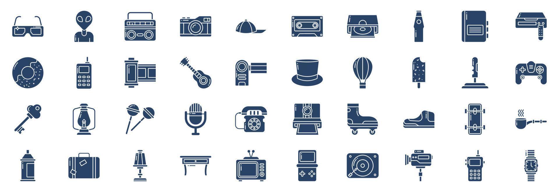 Collection of icons related to Retro objects, including icons like Alien, boombox, camera, Cassette, Donut and more. vector illustrations, Pixel Perfect set