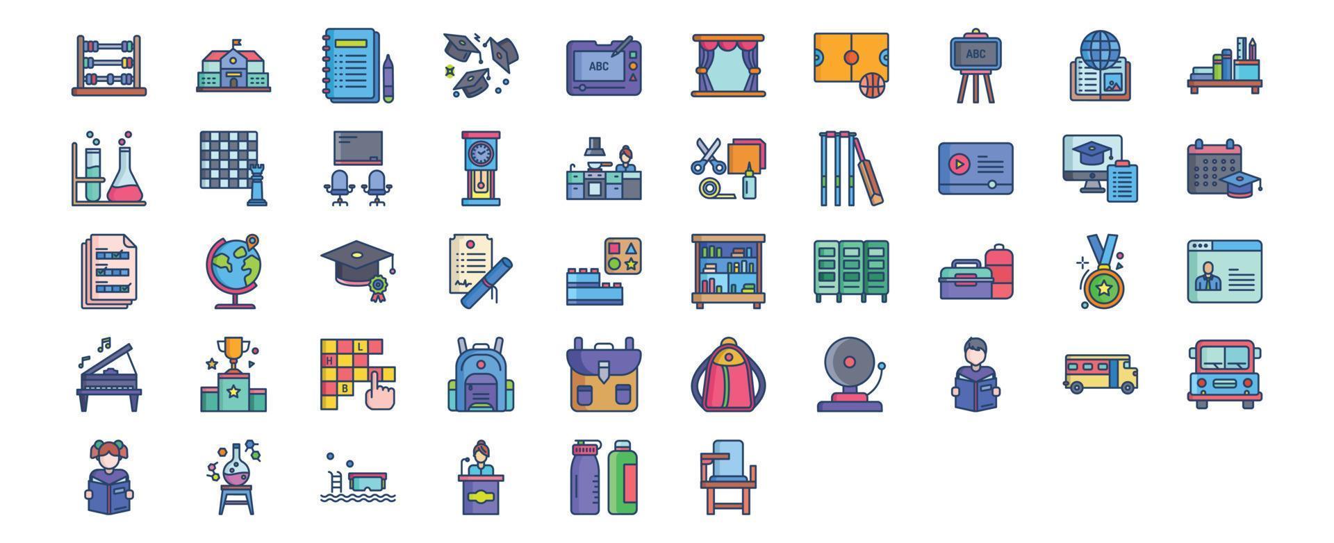 Collection of icons related to School education, including icons like Book, Exam Paper, Graduation, Globe and more. vector illustrations, Pixel Perfect set