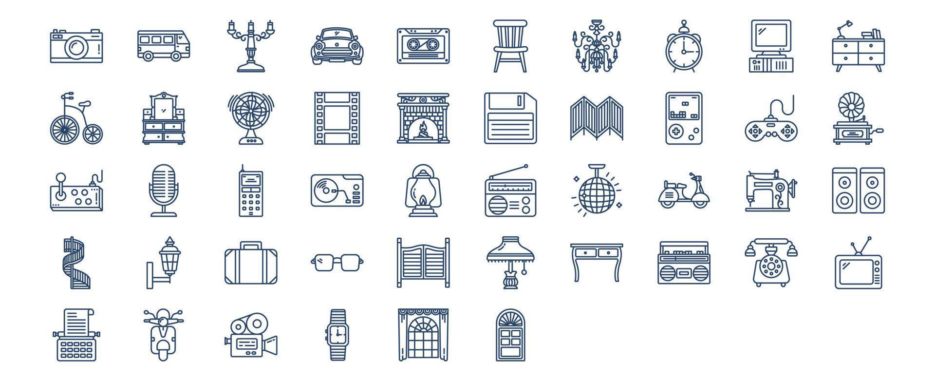 Collection of icons related to Retro style 80c objects, including icons like Camara, Camper van, Car, Clock and more. vector illustrations, Pixel Perfect set