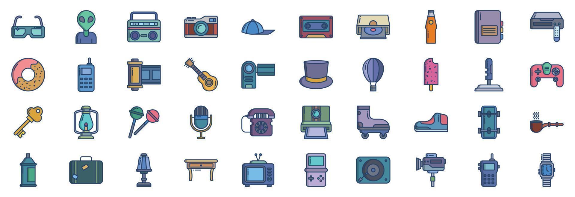 colección de íconos relacionados con objetos retro, incluidos íconos como extraterrestre, boombox, cámara, casete, donut y más. ilustraciones vectoriales, conjunto perfecto de píxeles vector