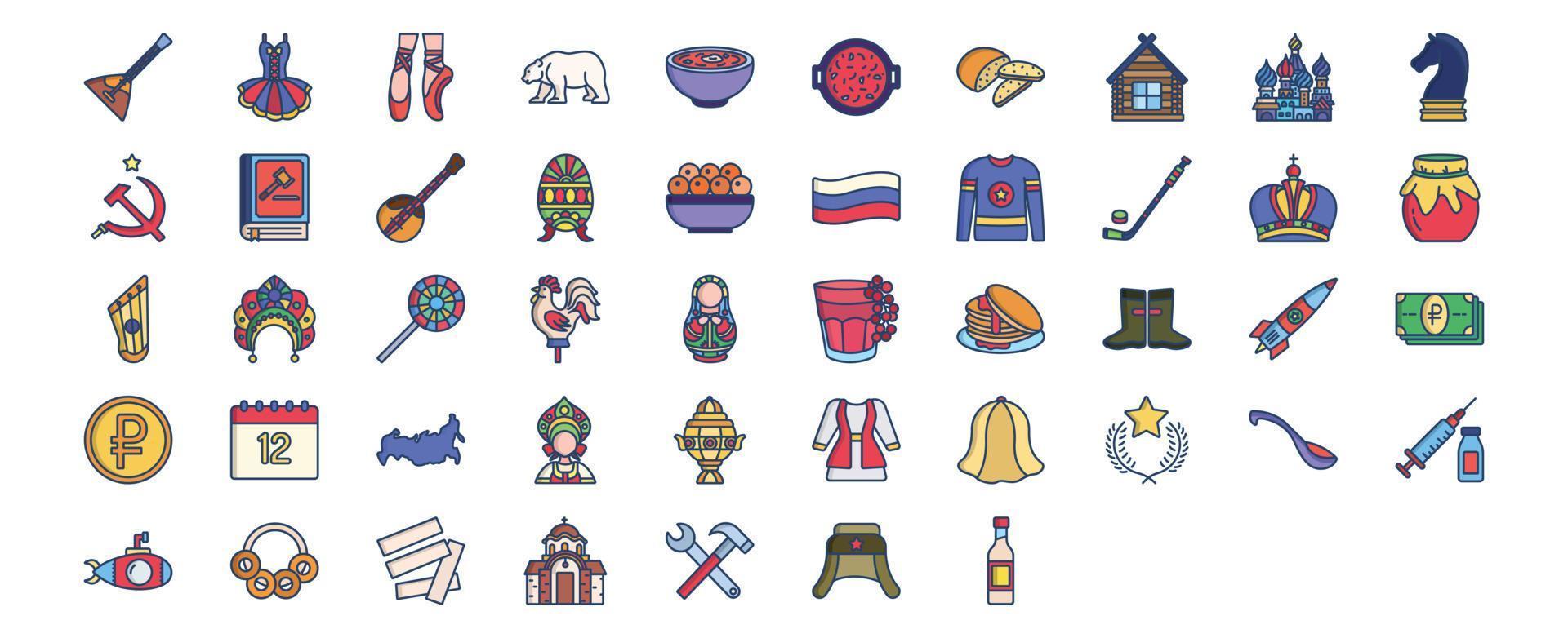 colección de íconos relacionados con Rusia, incluidos íconos como panqueques, hokey y más. ilustraciones vectoriales, conjunto perfecto de píxeles vector