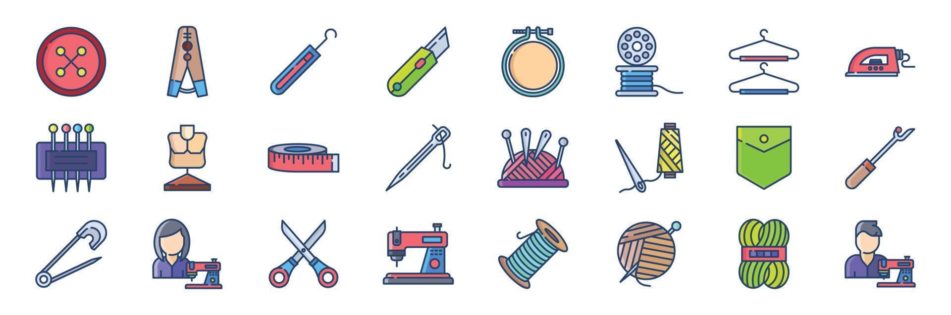 Collection of icons related to Sewing, including icons like Button, Cloths pin, Crochet, Embroidery hoop and more. vector illustrations, Pixel Perfect set