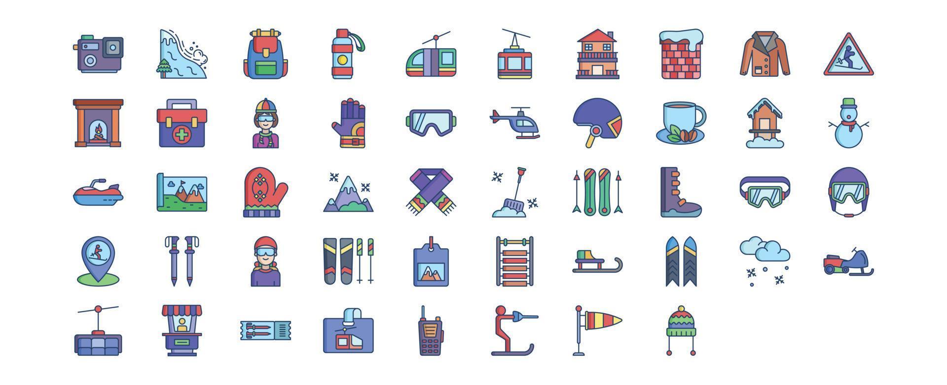 Collection of icons related to Ski Resort, including icons like Action Camera, Avalanche, Cabin, Chalet and more. vector illustrations, Pixel Perfect set