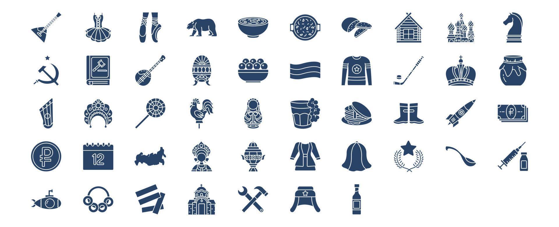 Collection of icons related to Russia, including icons like Pancakes, Hokey and more. vector illustrations, Pixel Perfect set