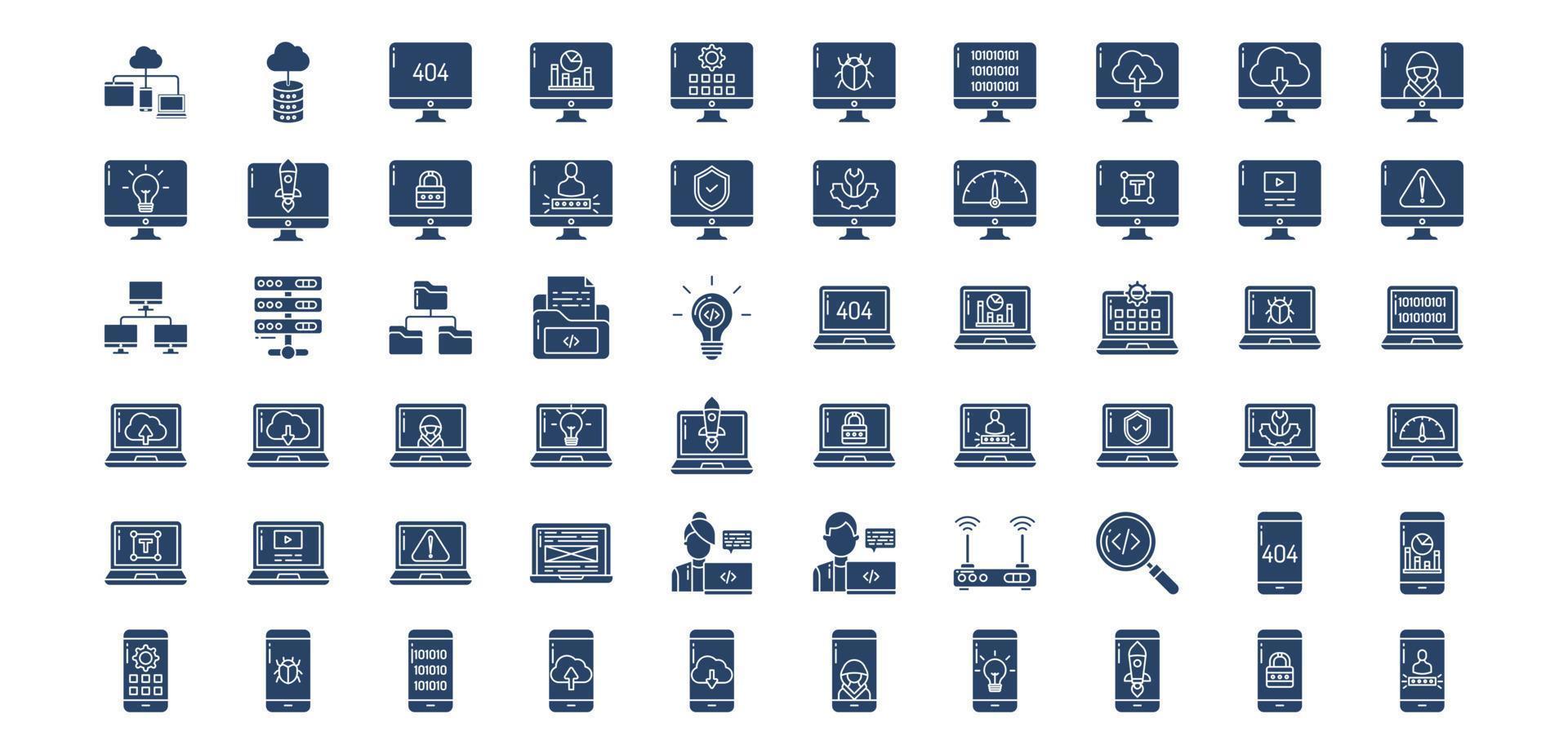 colección de íconos relacionados con el desarrollo de software, incluidos íconos como almacenamiento en la nube, computadora, móvil, web y más. ilustraciones vectoriales, conjunto perfecto de píxeles vector