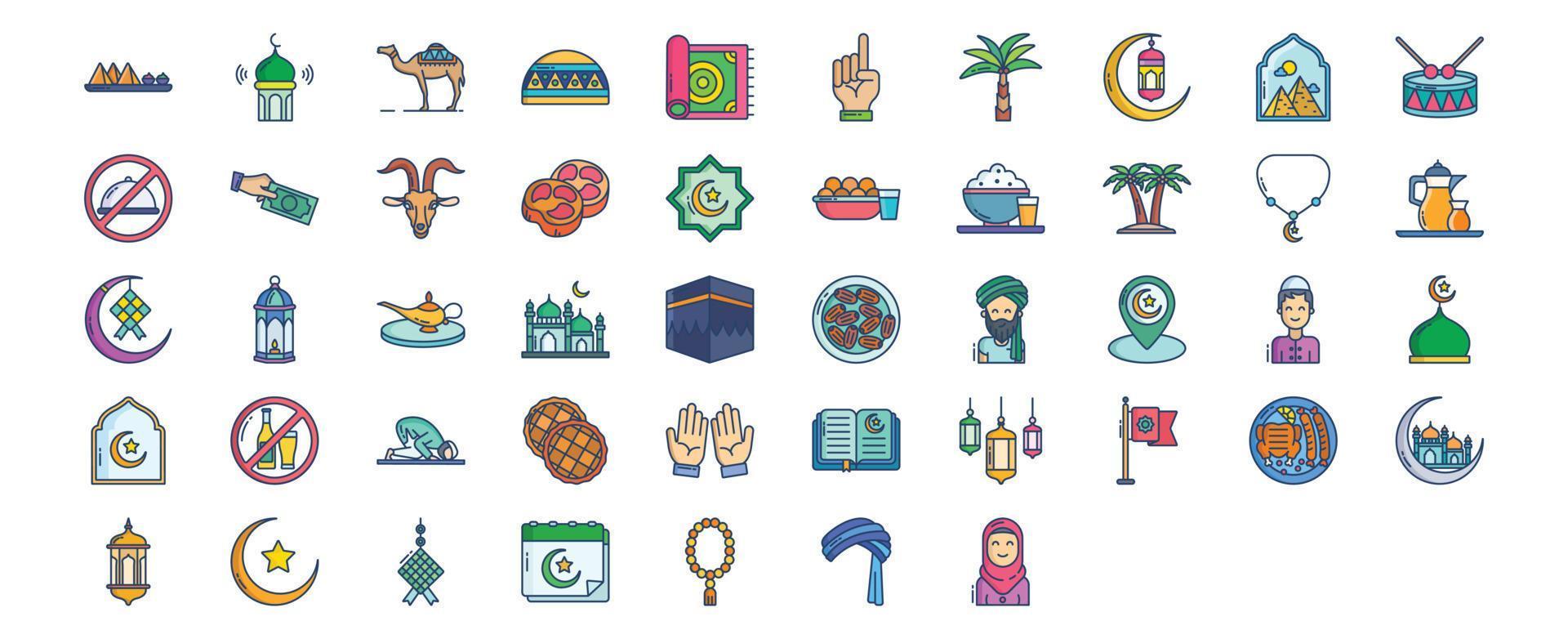 Collection of icons related to Ramadan, including icons like Iftar, Masque, Pray and more. vector illustrations, Pixel Perfect set