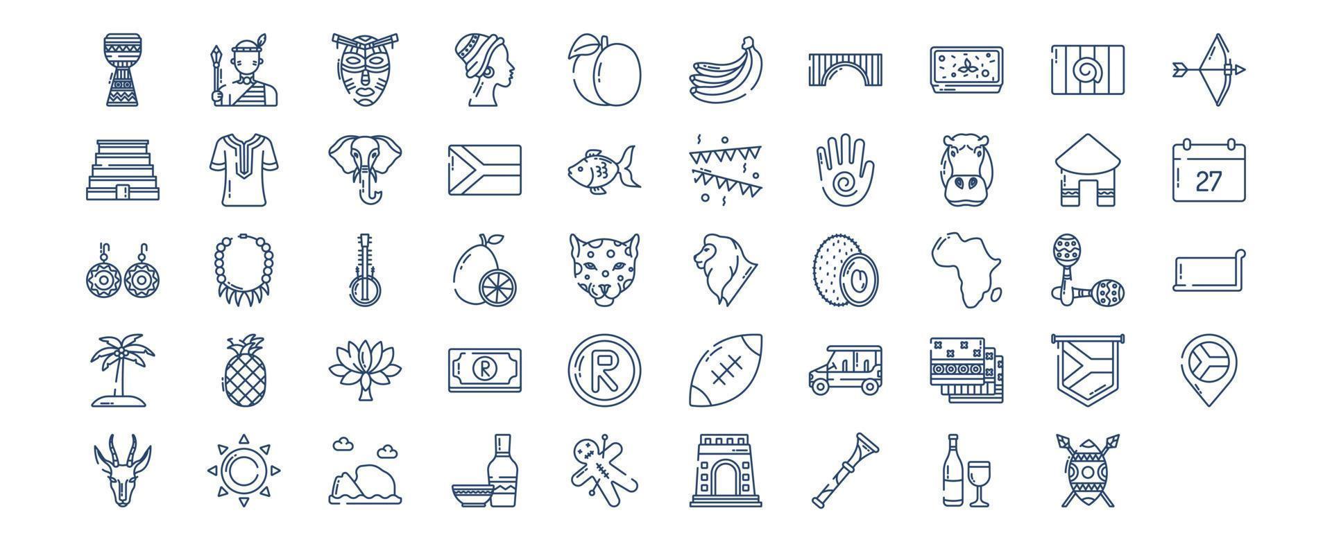 Collection of icons related to South Africa, including icons like African Man, African Woman, Elephant, Hippo and more. vector illustrations, Pixel Perfect set