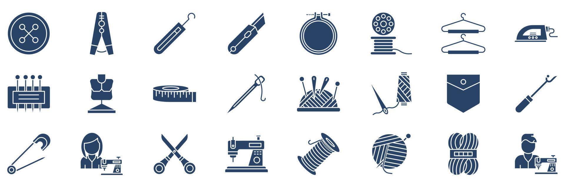 Collection of icons related to Sewing, including icons like Button, Cloths pin, Crochet, Embroidery hoop and more. vector illustrations, Pixel Perfect set