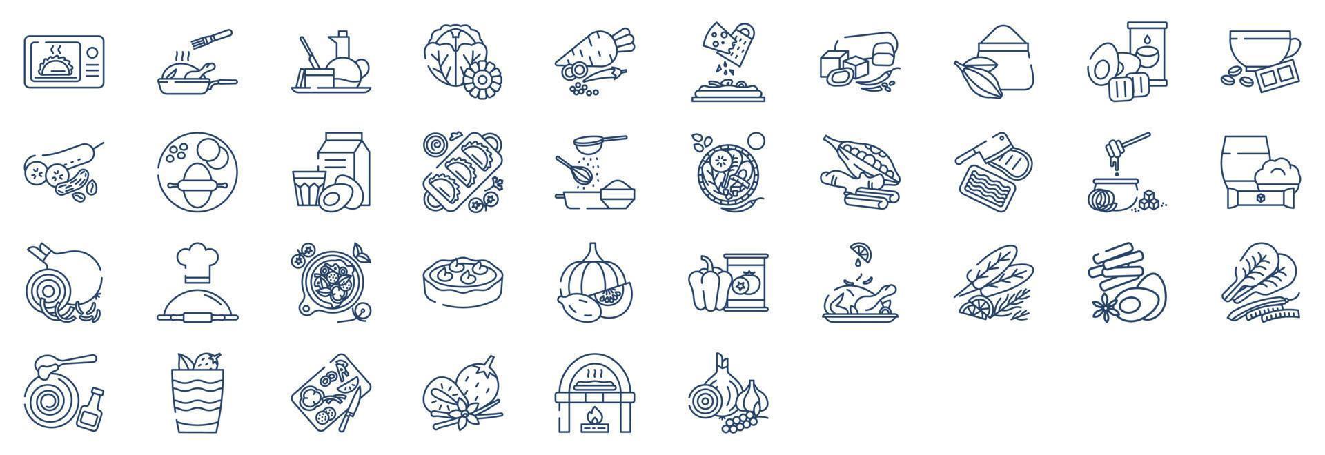 Collection of icons related to Recipes and ingredients, including icons like Baking, coffee, pumpkin pie, Pizza and more. vector illustrations, Pixel Perfect set