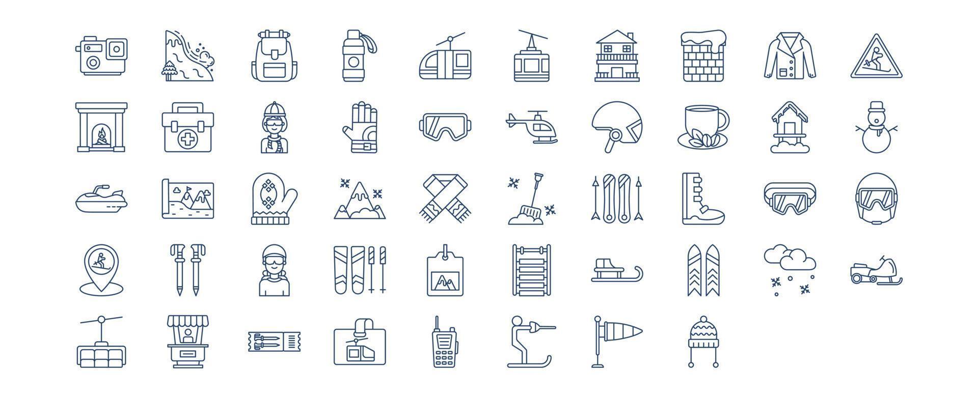 Collection of icons related to Ski Resort, including icons like Action Camera, Avalanche, Cabin, Chalet and more. vector illustrations, Pixel Perfect set