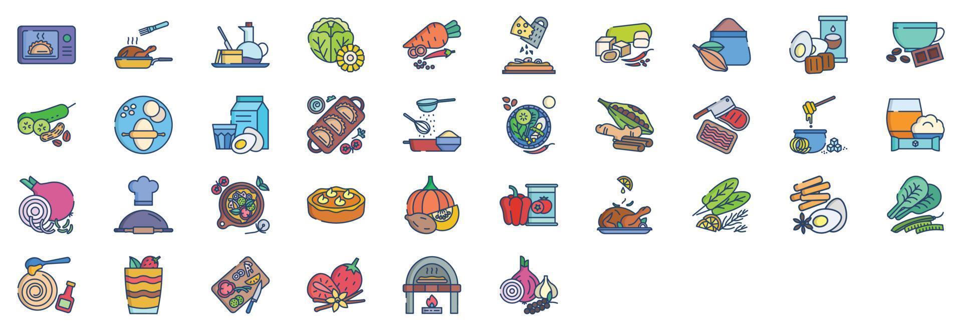 colección de íconos relacionados con recetas e ingredientes, incluidos íconos como hornear, café, pastel de calabaza, pizza y más. ilustraciones vectoriales, conjunto perfecto de píxeles vector