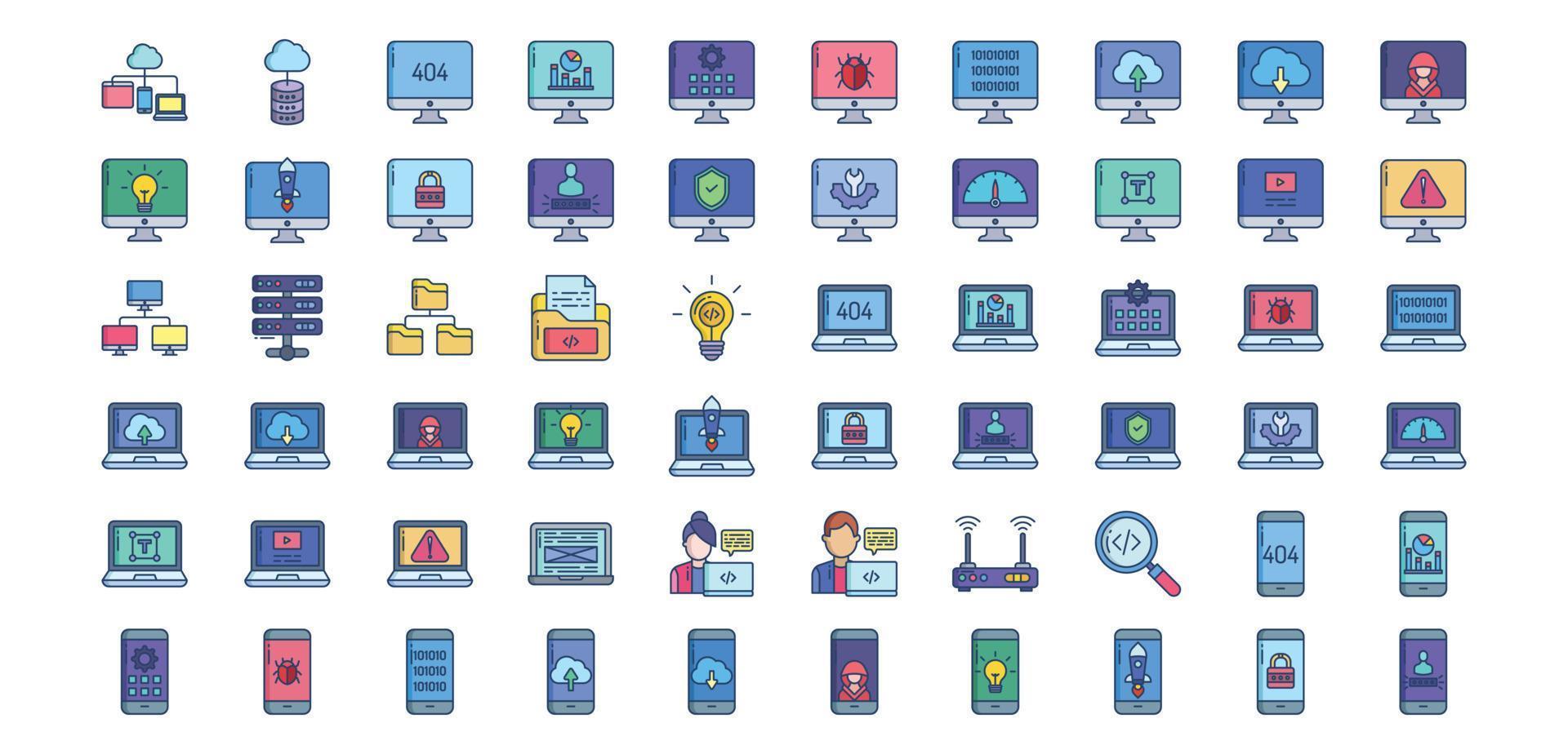 colección de íconos relacionados con el desarrollo de software, incluidos íconos como almacenamiento en la nube, computadora, móvil, web y más. ilustraciones vectoriales, conjunto perfecto de píxeles vector