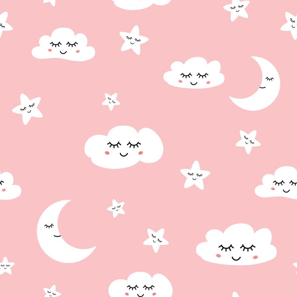Cloud seamless pattern Sleeping clouds moon stars on light blue background Baby girl ornate Cute hand drawn sky banner with smile elements for children design Decprative paper Vector illustration.