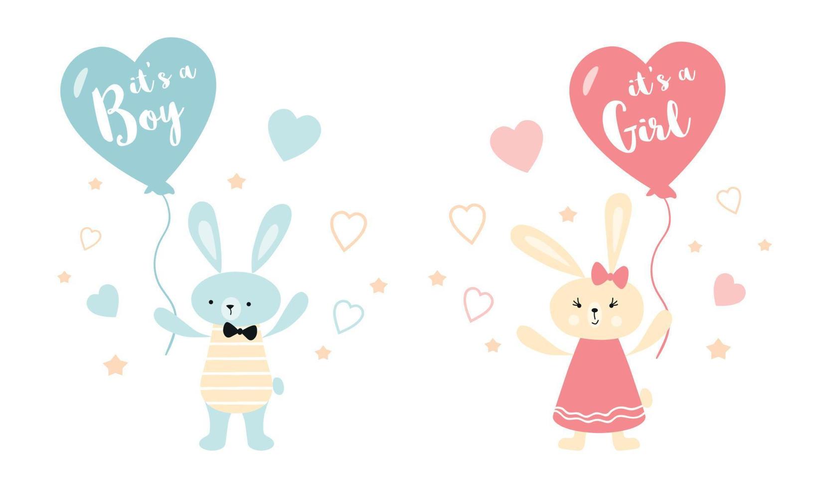 es un niño es una tarjeta de felicitación de vector de niña. tarjeta de ducha de bebé. elemento de diseño de tarjeta de anuncio de bebé globo de conejo elemento de diseño de fiesta de baby shower ilustración de globo de conejo de conejito aislado en blanco.