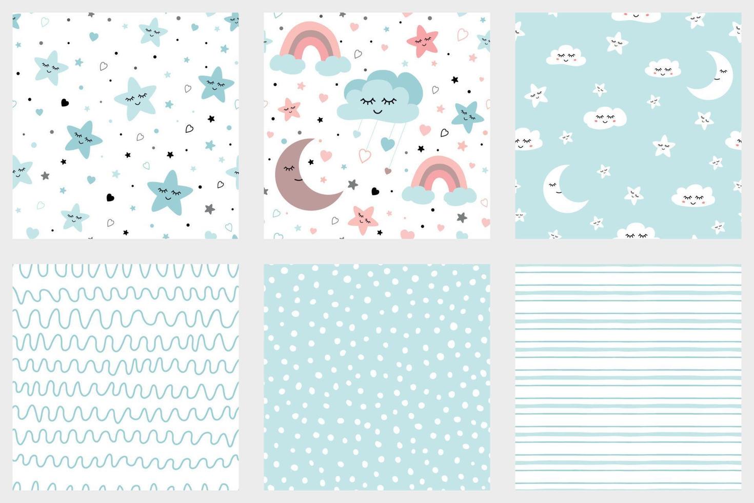 Stars smiling clouds moon kids repeate background Set of background patterns in pale blue Striped design Baby Shower, Birthday scrapbook greeting cards gift wrap surface textures Vector illustratiion.