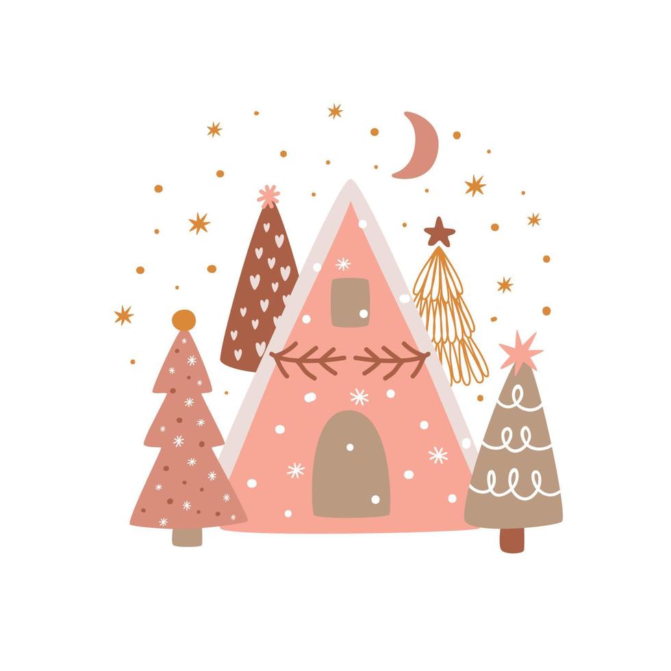 Cute pink countryside house with Christmas tree and snow. Cozy winter house isolated graphic element. Vector winter illustration