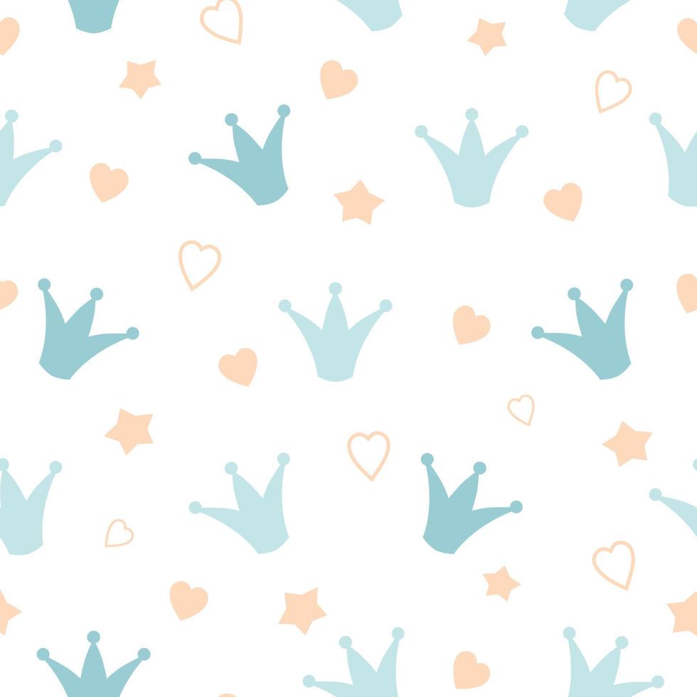 Crowns stars seamless baby boy pattern Hand drawn pepeate pattern. Blue white background Colorful childrens backdrop, little prince. Decorative wallpaper, good for printing Vector textile design.