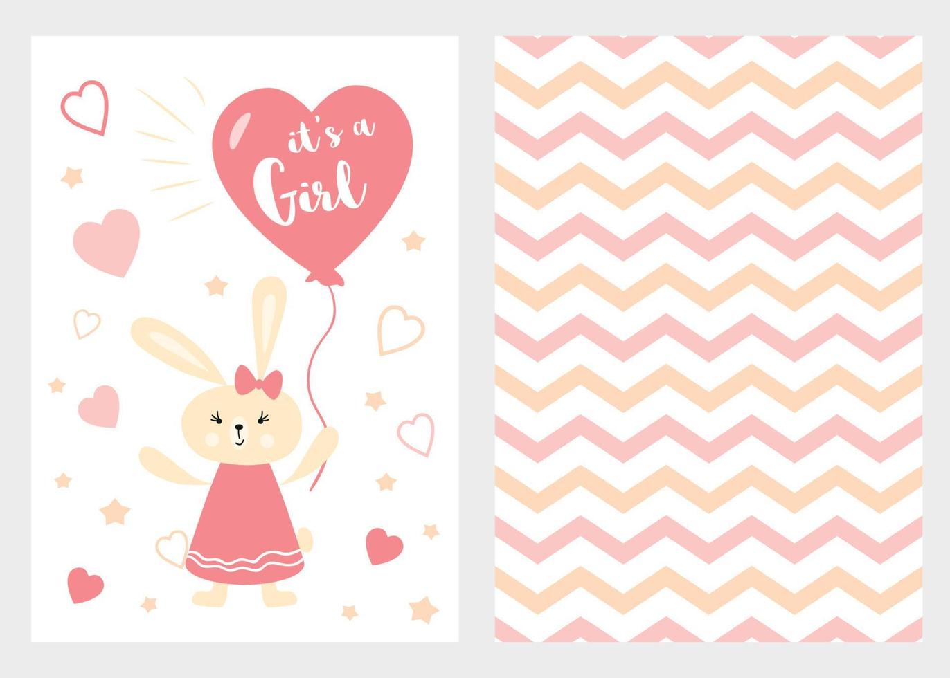 It's a girl Set of pink white and yellow templates for invitations Rabbit balloon Zigzag background vector Collection of invite cards for party baby shower wedding birthday Banner in childish style.