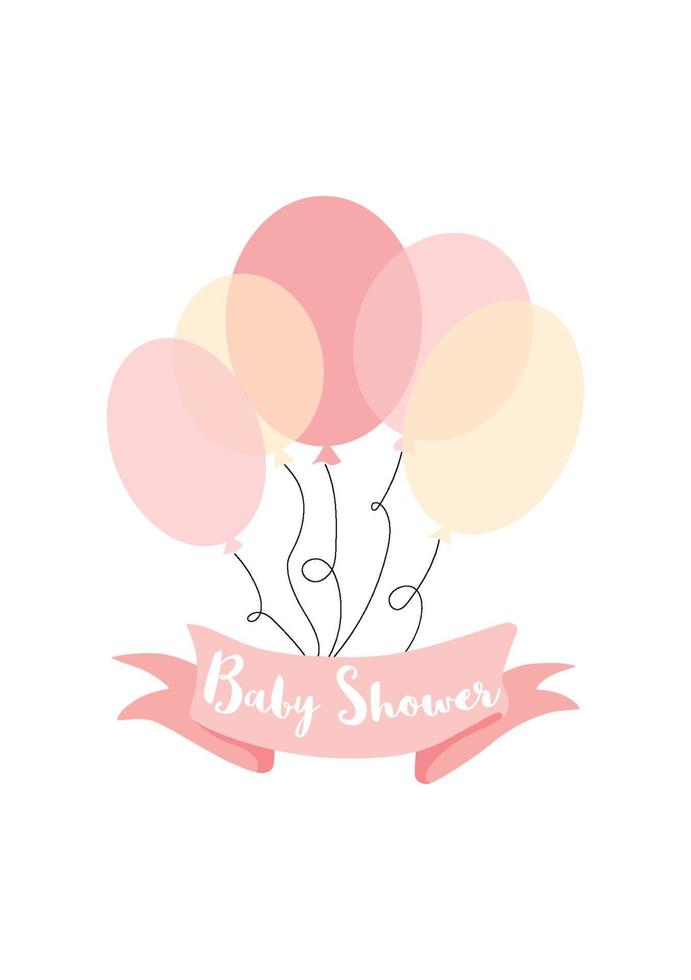 Baby shower text on pink ribbon decorated pink yellow ballons Vector card for baby shower day invitation. Inscription on ribbon baby shower Bunch of pink balloons Vector cute birthday paty element.