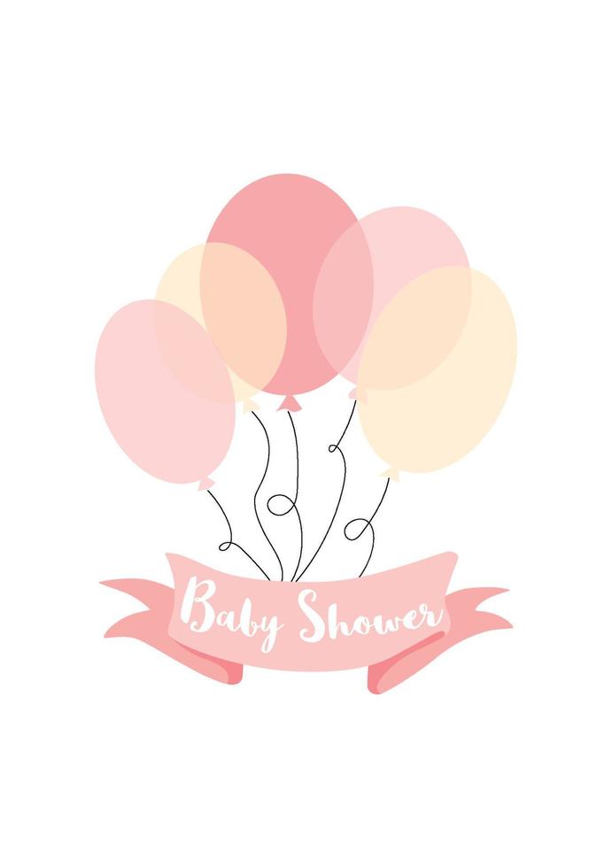 texto de baby shower en cinta rosa decorada tarjeta de vector de globos amarillos rosados para la invitación del día de baby shower. inscripción en cinta baby shower manojo de globos rosas vector lindo elemento de paty de cumpleaños.