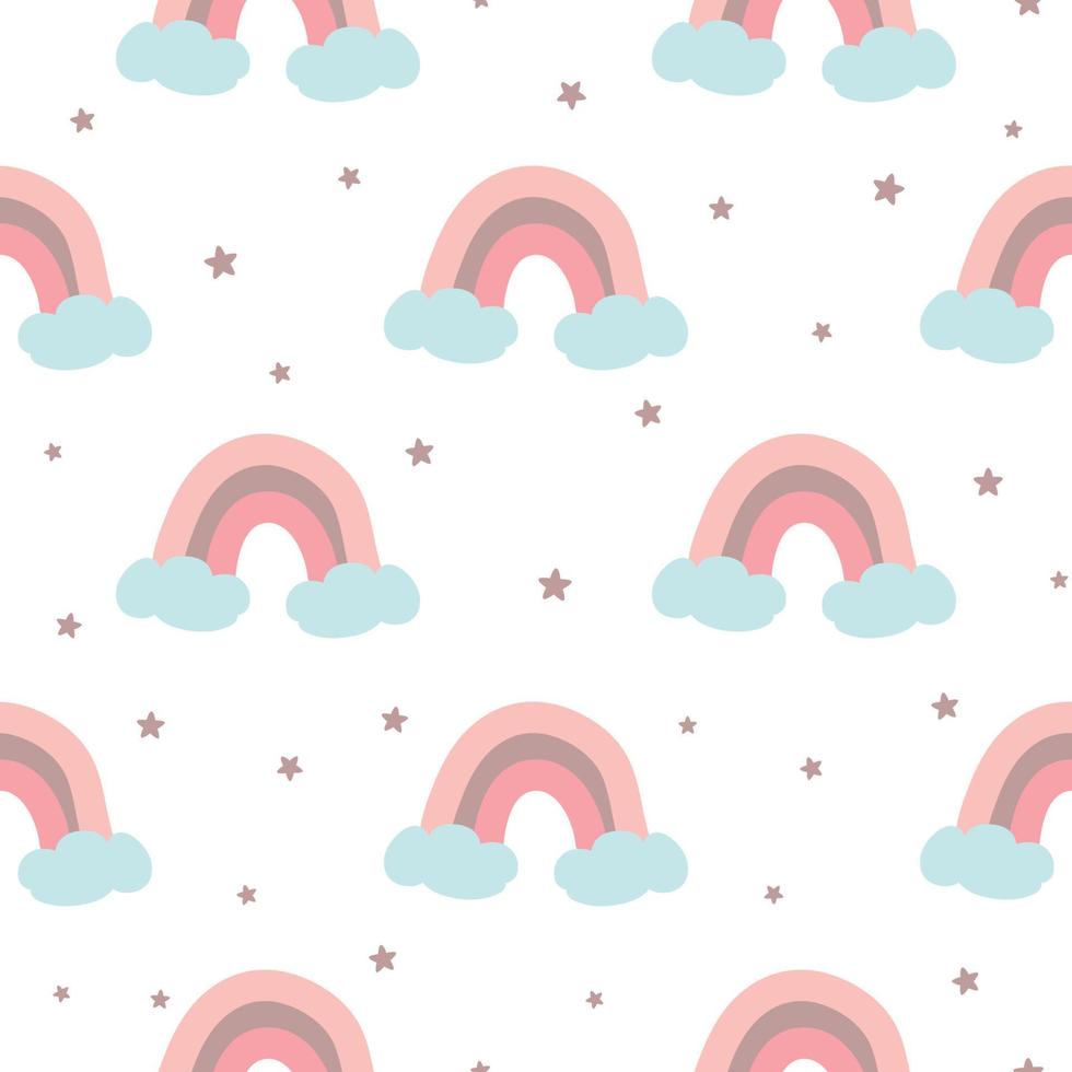 Pink rainbow seamless pattern decorated clouds stars for baby girl