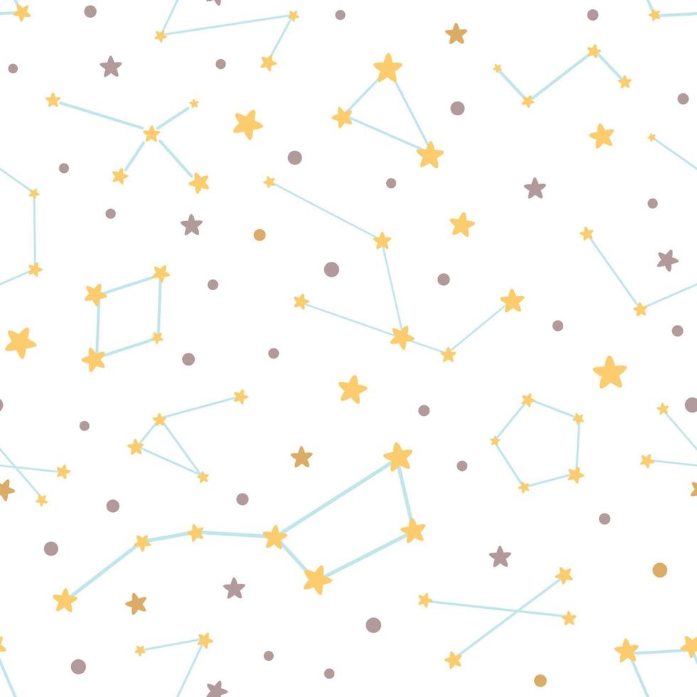 Vector hand drawn night sky doodle seamless pattern with space stars constellations. Childish starry sky background Cosmos Endless wallpaper Blue yellow white colors Textile design Vector illustration