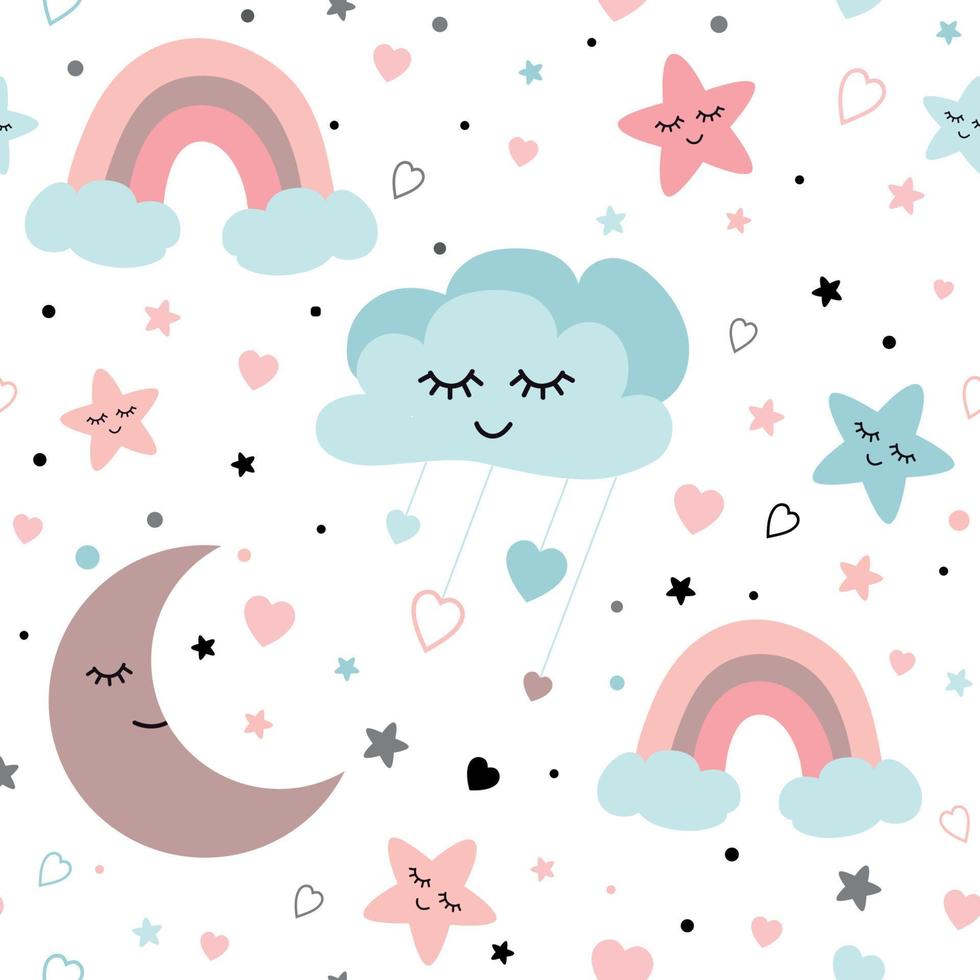 lindo patrón de cielo diseño vectorial sin costuras con sonriente luna dormida corazones estrellas arco iris nubes bebé ilustración. tela de tela textil de fondo de vivero de colores pastel claro para niñas y niños. vector