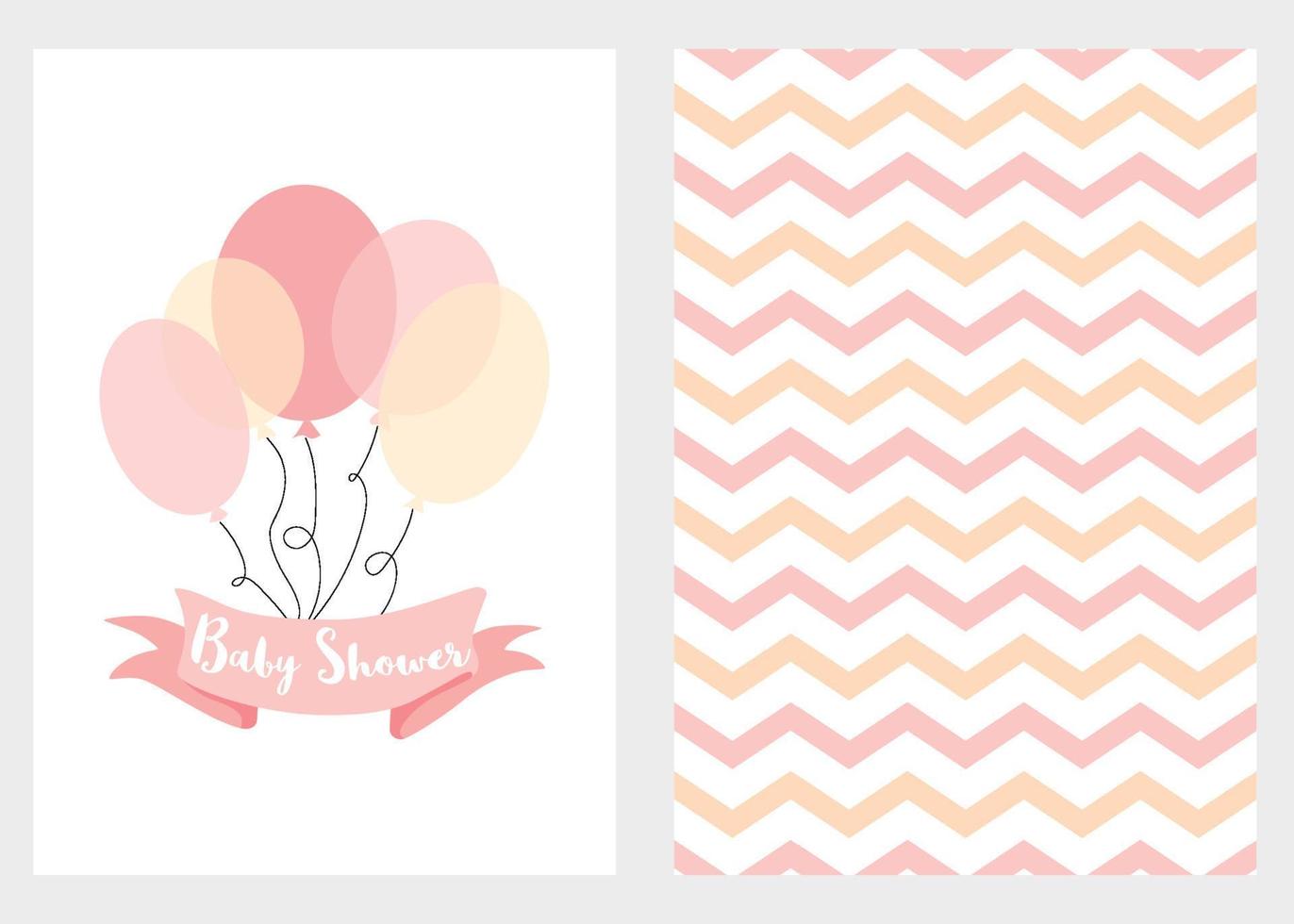 Baby shower invitation for girls Pink balloons ribbon with text Set of 2 cards Pink balloons design elements for baby arrival party Cute zig zag hand drawn background Vector illustration