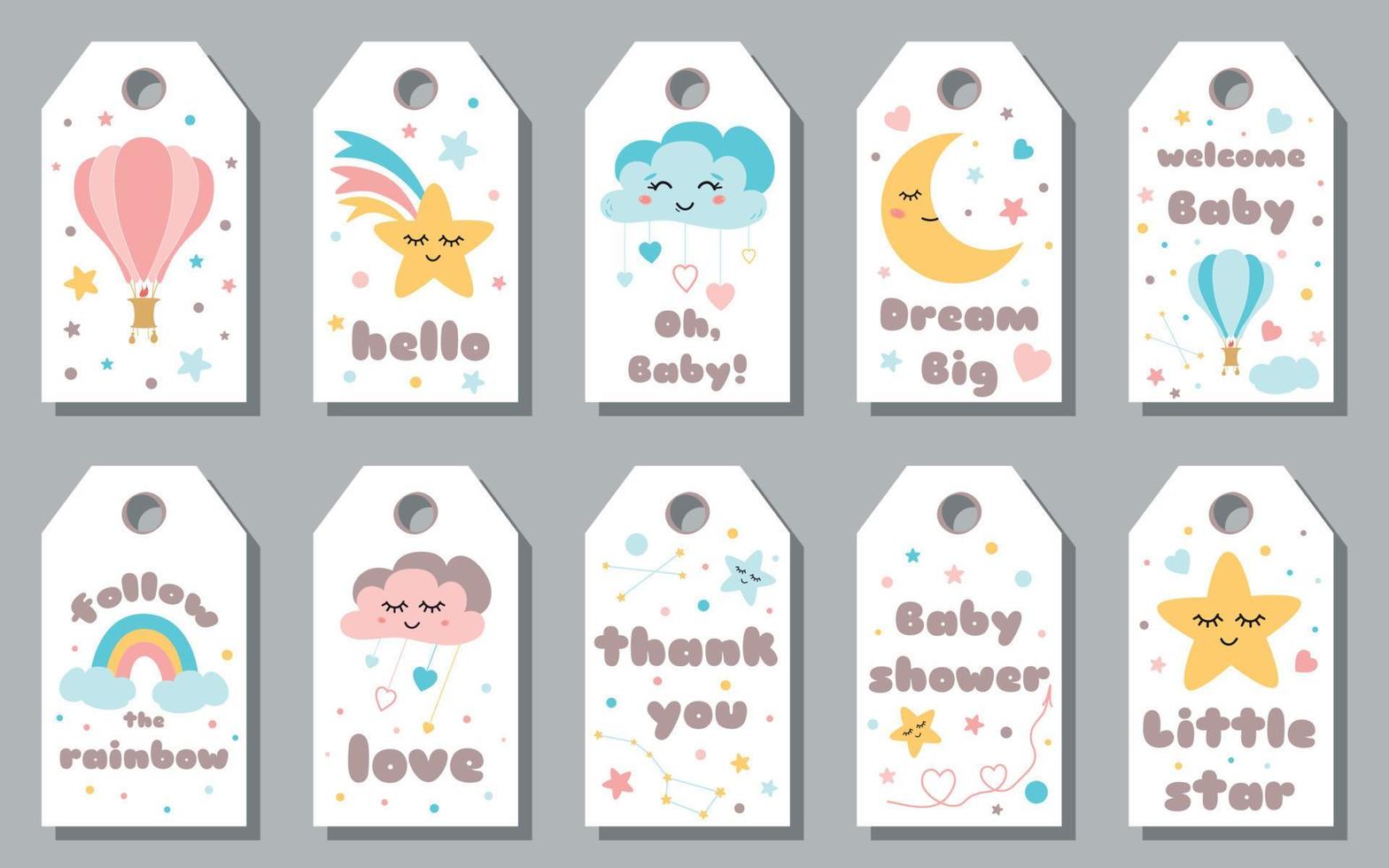 Baby shower tags card set Baby Arrival gift collection Star smiling cloud dreaming moon rainbow elements for baby banner Cute sticker set Text love thank you hello Calligraphy lettering design Vector. vector