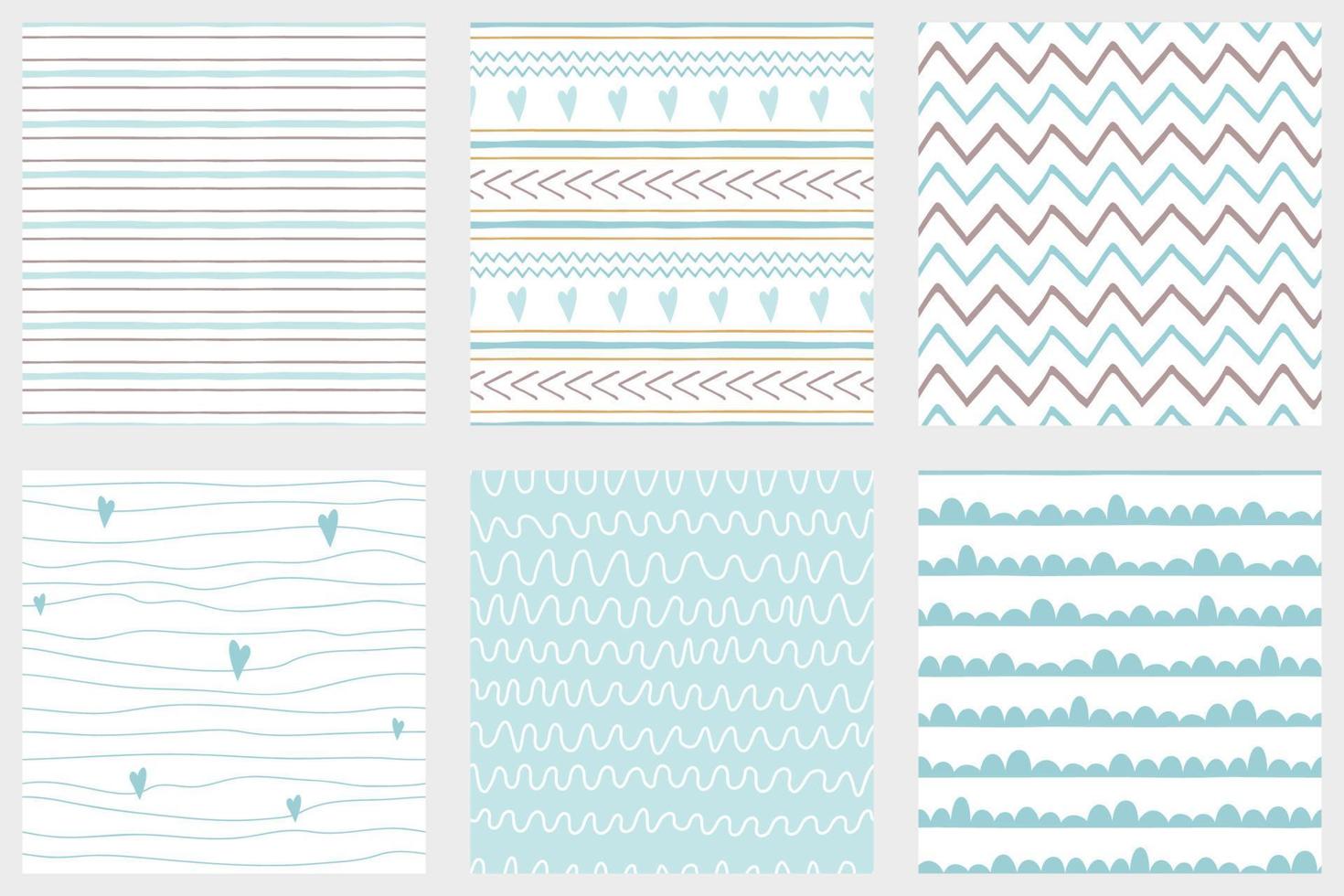 Baby boy shower blue collection Hand drawn seamless pattern set Blue simple textures background fabric cloth Stripes lines zig zag stroke irregular graphic childish design Cute vector illustration.