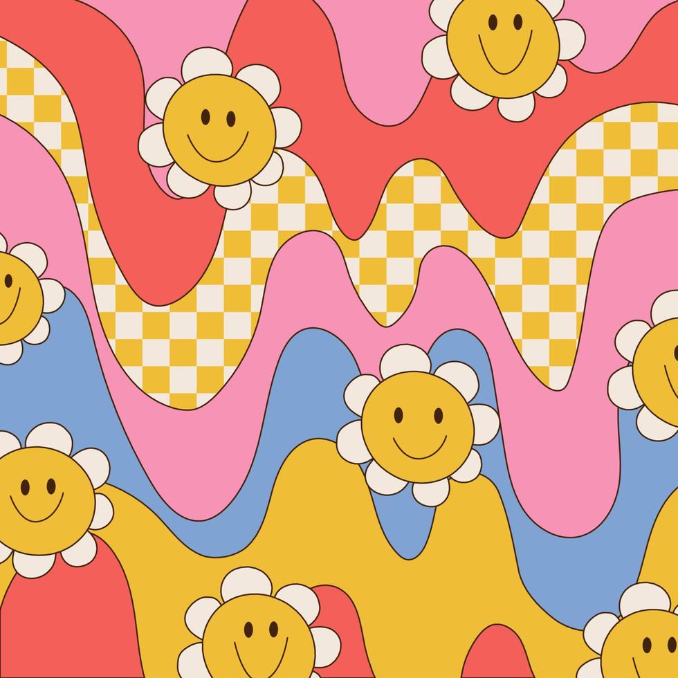 Cute hippie and groovy square background with daisy flowers and distorted waves and checkered pattern. Fashionable backgdrop in 70s, 80s style. Contour vector illustration.