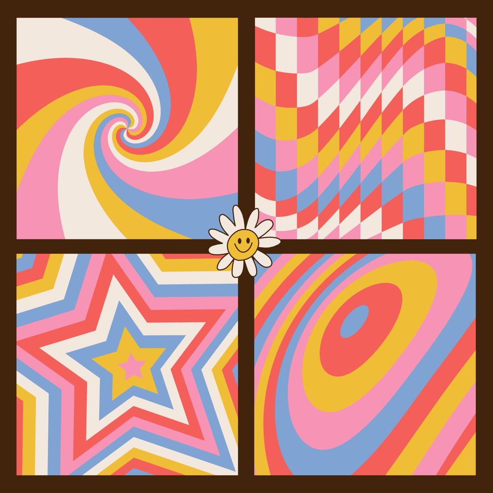 conjunto de funky groovy diseño de fondos abstractos. geniales patrones de colores trippy. Estética geométrica retro de los años 70. ilustración vectorial de contorno. vector
