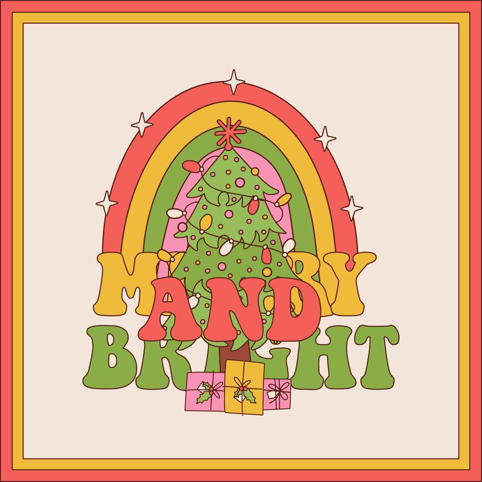 maravillosa plantilla de tarjeta de felicitación de navidad hippie. árbol de Navidad en estilo de dibujos animados retro de moda. texto maravilloso y brillante para póster, impresión, invitación a la fiesta. ilustración vectorial de contorno. vector