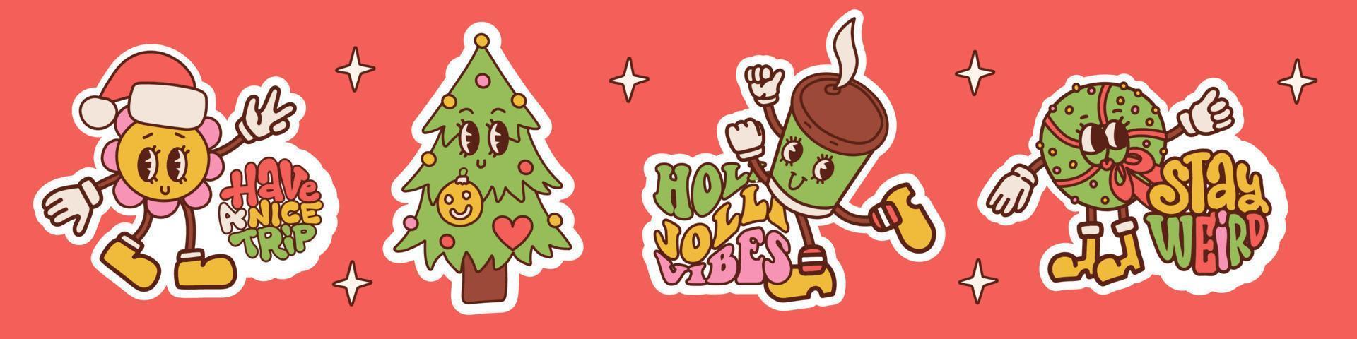 Christmas sticker set with vibrant lettering hippie wishes words. Groovy Hand drawn letters congratulations with retro characters. 70s and 60s Typography for social media. Vector contour design.