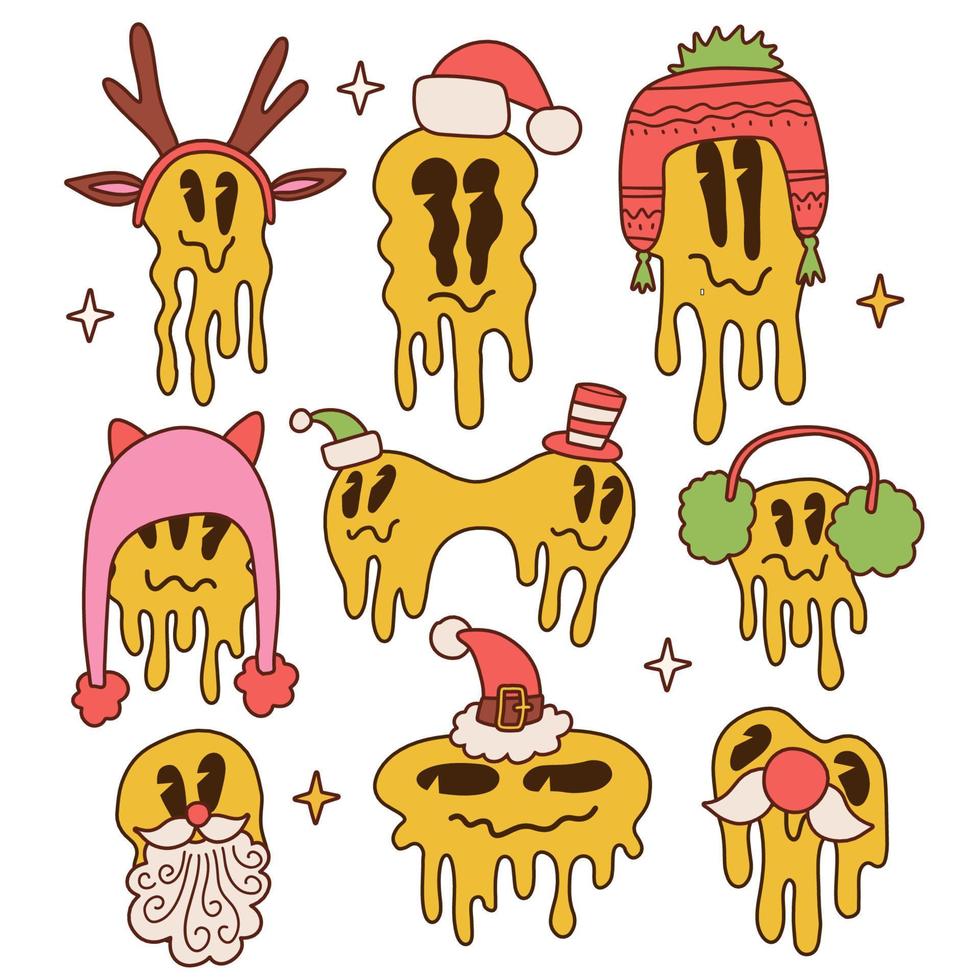 Groovy hippie Christmas stickers set with melting emoji faces with winter knitted, Santa hats, antlers. Contour hand drawn vector illustration.