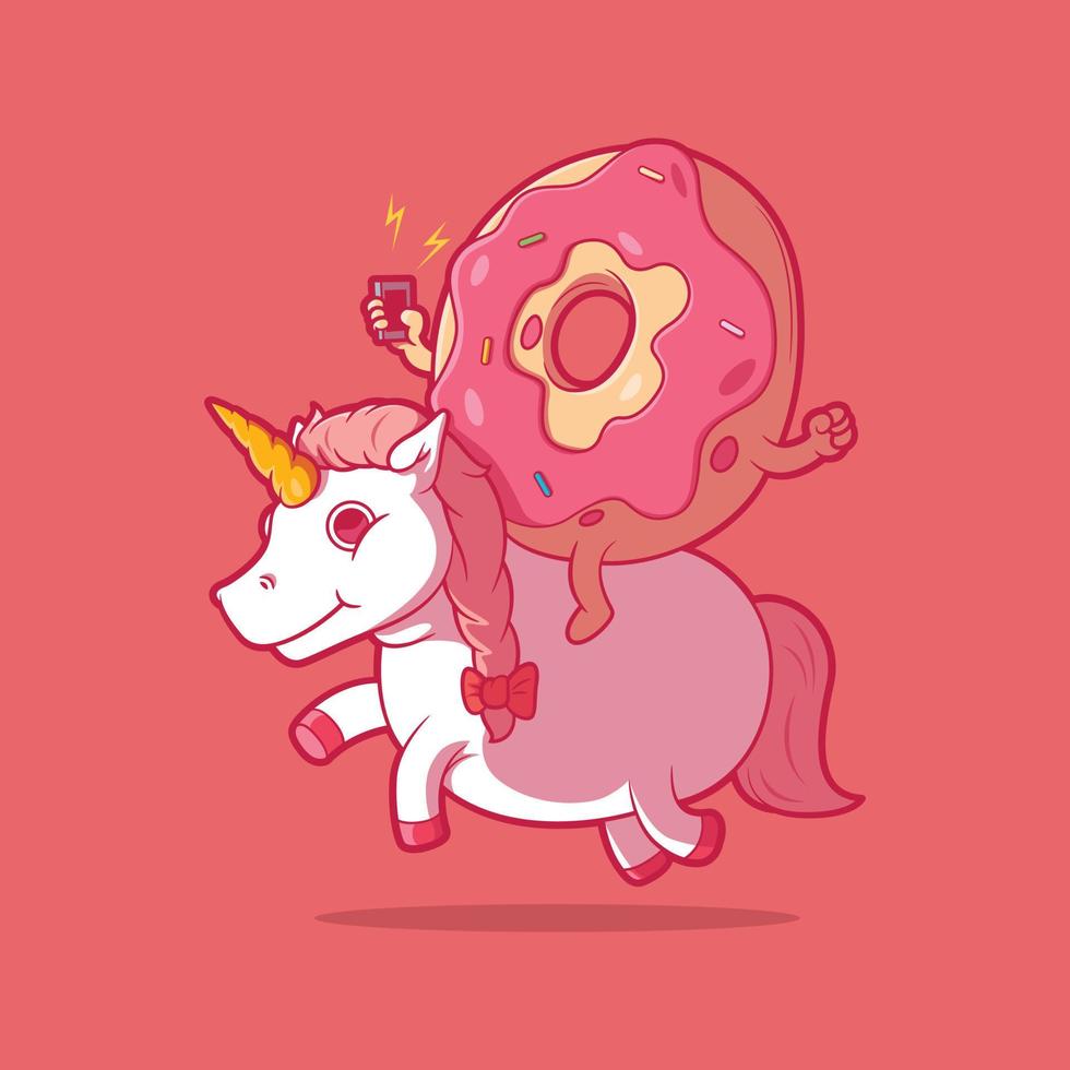 Donut Character riding a unicorn vector illustration. Imagination, mythical, funny design concept.