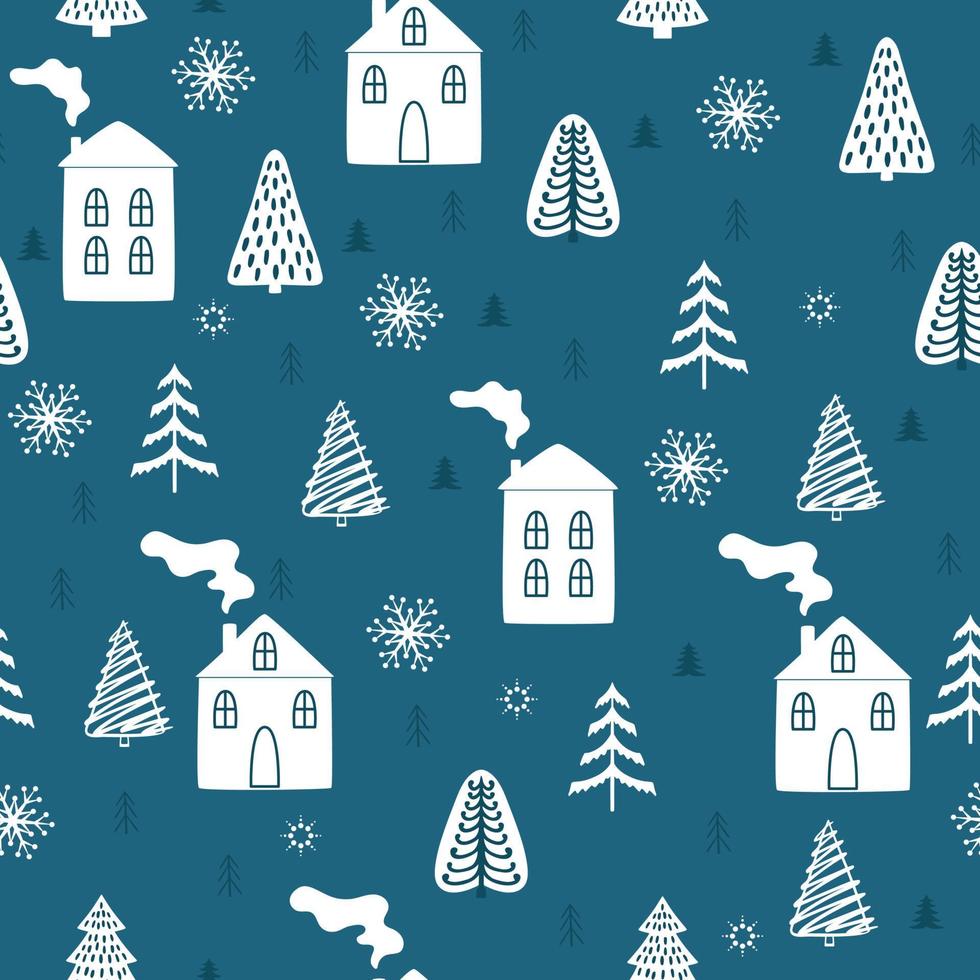 Seamless white houses, trees and snowflakes. Winter pattern vector