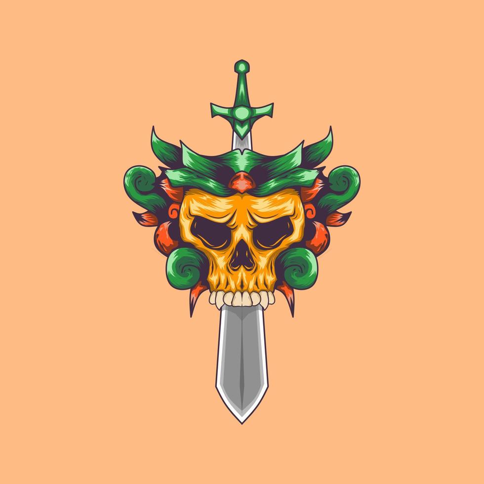 skull logo with sword and leaf ornament vector