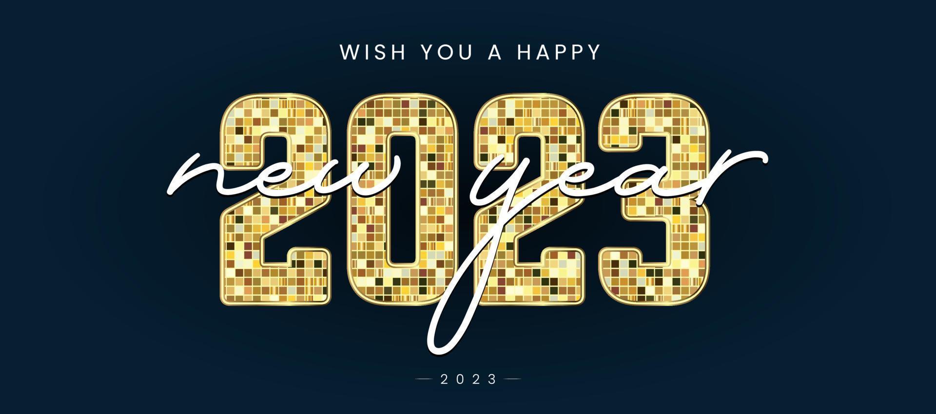 A Happy New Year 2023 Letters for celebretion banner design, Blue New Year poster concepts of 2023 letters gradient gold on dark blue background. vector