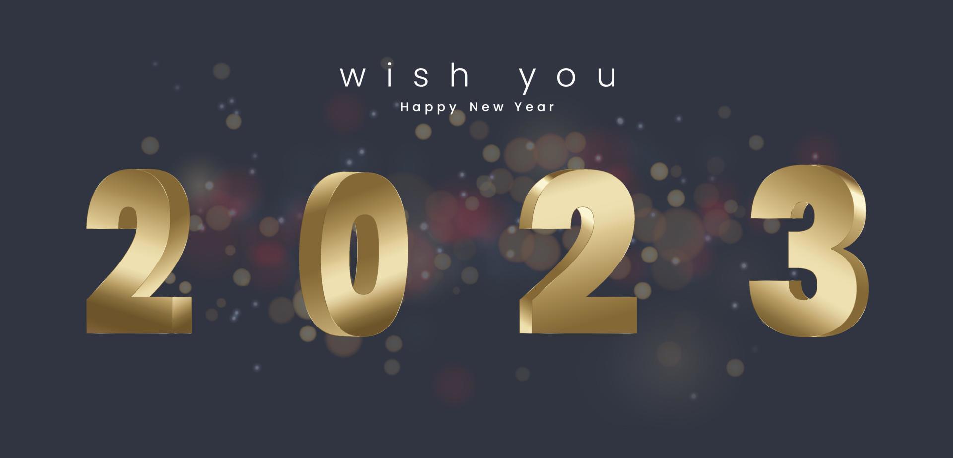 Happy New Year 2023 in gold 3Ds Letters designs on dark BOKEH light effects background. vector