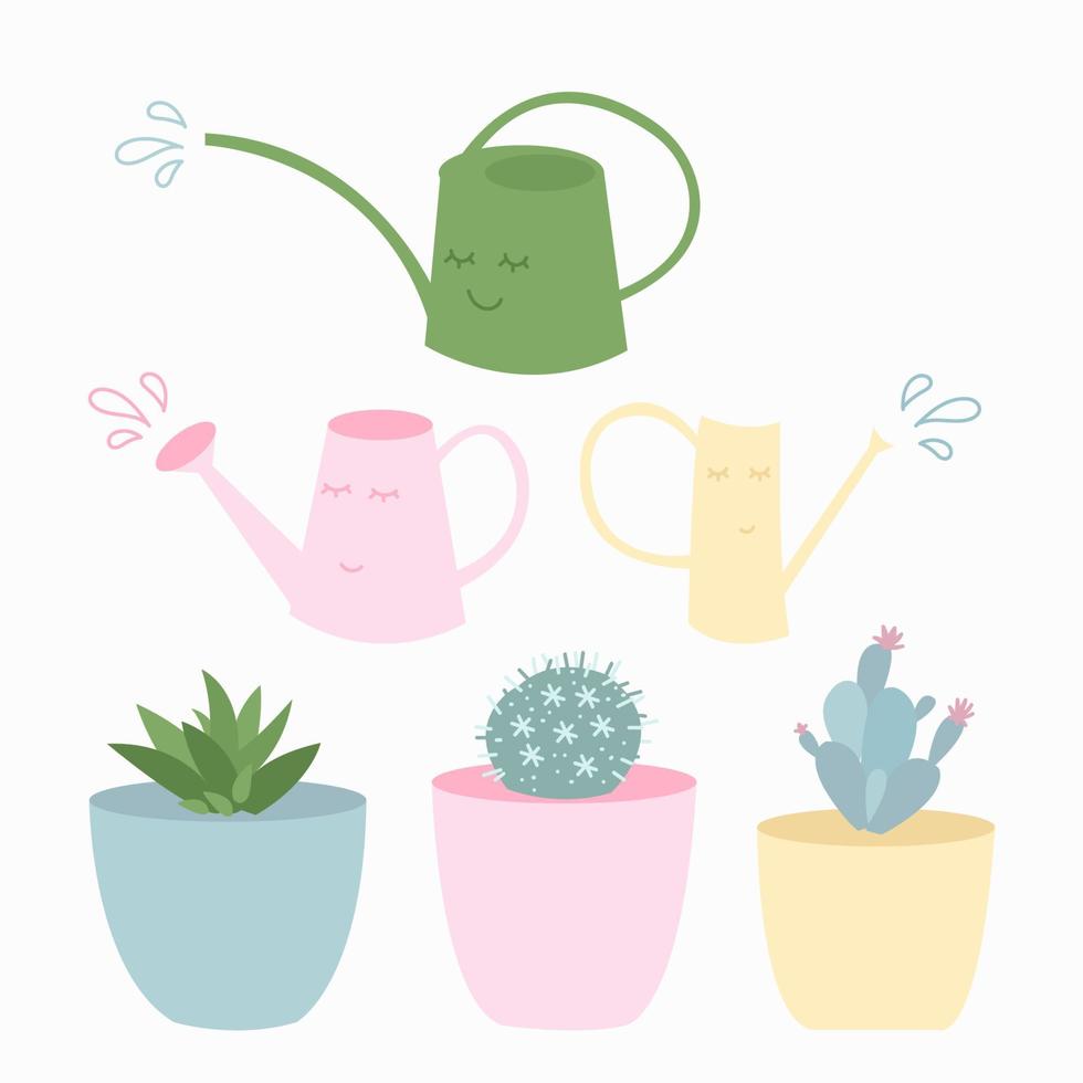 plantas de interior, cactus y regaderas en colores pastel de moda. elementos de decoración interior del hogar. colección en estilo plano vector