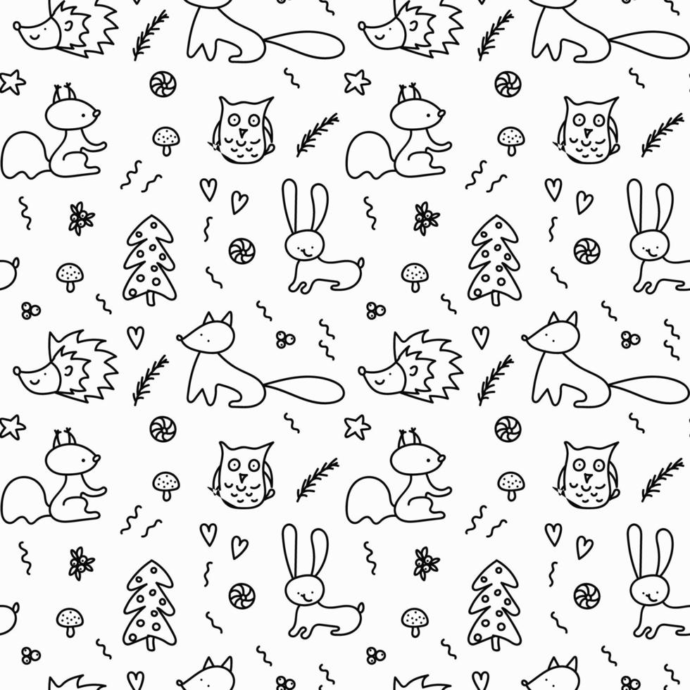 Forest animals and nature in doodle style. Seamless pattern vector